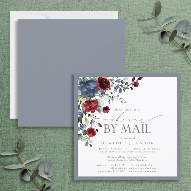 Dusty Blue Burgundy Floral Bridal Shower Mail Invitation