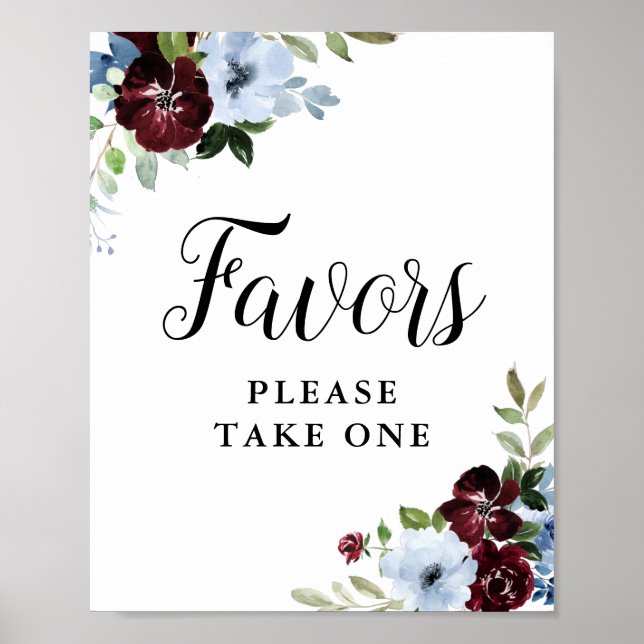 Dusty blue burgundy floral favors sign (Front)