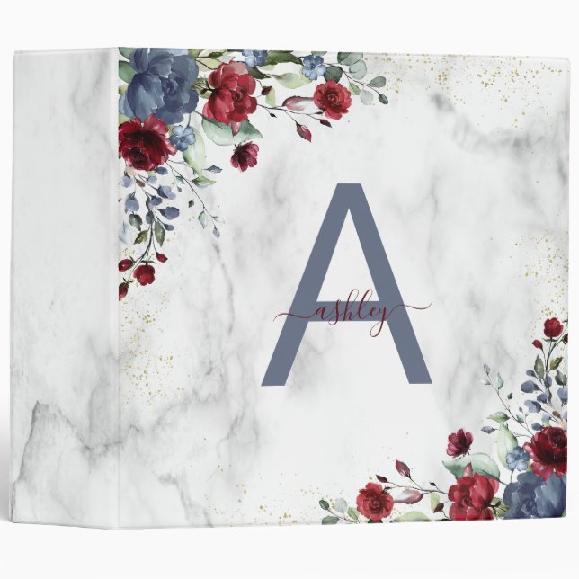 Dusty Blue Burgundy Floral Gold Marble Monogram 3 Ring Binder (Front/Spine)