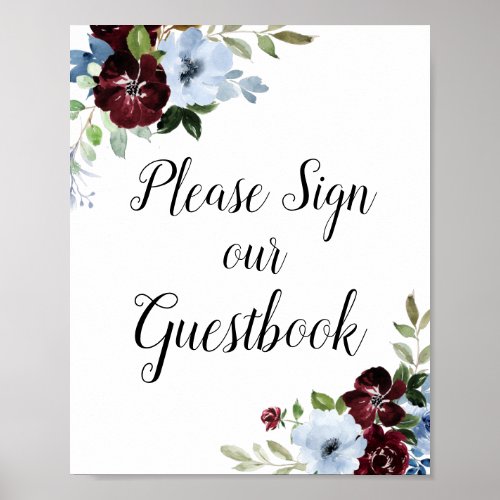 Dusty blue burgundy floral guestbook wedding sign