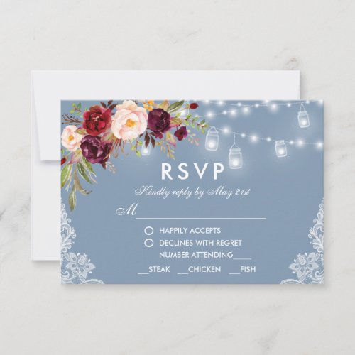 Dusty Blue Burgundy Floral Jar Lights Wedding Meal RSVP Card