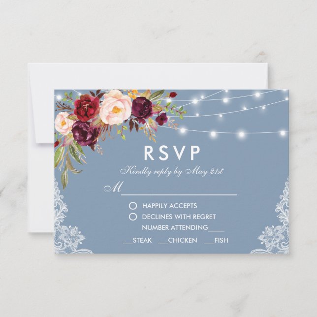 Dusty Blue Burgundy Floral Lights Wedding Meal RSVP Card (Front)
