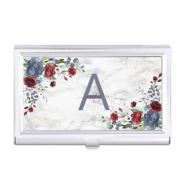 Dusty Blue Burgundy Floral Marble Name Monogram Business Card Case (Front)