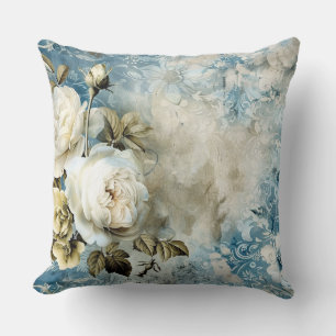 Dusty Blue Burgundy Floral Marble Name Monogram Throw Pillow
