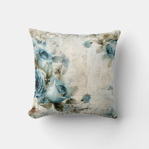 Dusty Blue Burgundy Floral Marble Name Monogram Throw Pillow