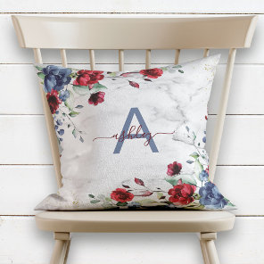 Dusty Blue Burgundy Floral Marble Name Monogram Throw Pillow