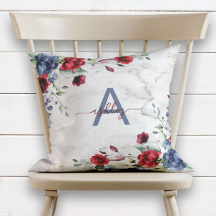 Dusty Blue Burgundy Floral Marble Name Monogram Throw Pillow