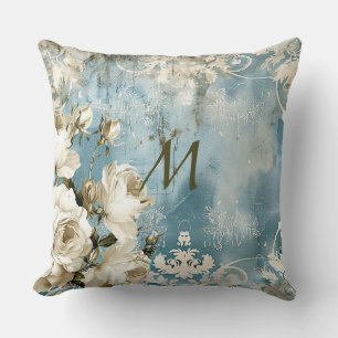 Dusty Blue Burgundy Floral Marble Name Monogram  Throw Pillow