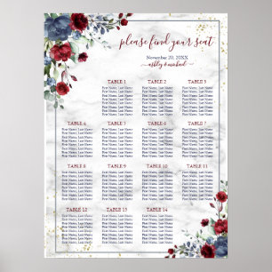 Dusty Blue Burgundy Floral Marble Wedding Seating Poster