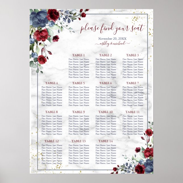 Dusty Blue Burgundy Floral Marble Wedding Seating Poster (Front)