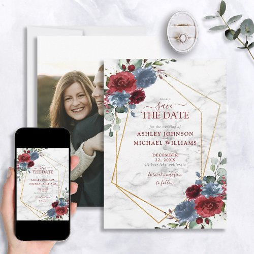 Dusty Blue Burgundy Floral Photo Save the Date