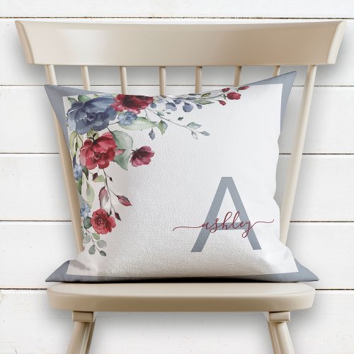 Dusty Blue Burgundy Floral Script Monogram Initial Throw Pillow