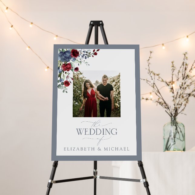 Dusty Blue Burgundy Floral Watercolor Wedding Foam Board (In Situ (Stand))