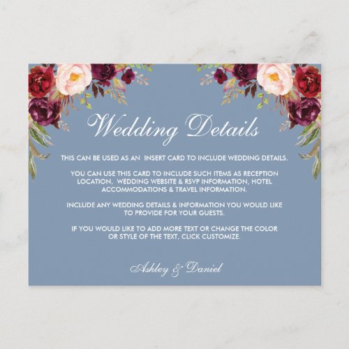 Dusty Blue Burgundy Floral Wedding Details Card