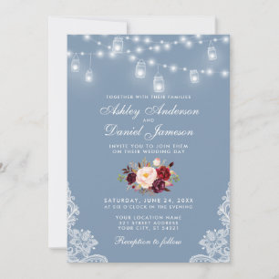Dusty Blue Burgundy Floral Wedding Lace Lights Invitation
