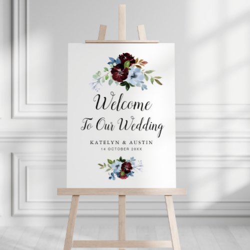 Dusty blue burgundy floral welcome wedding sign