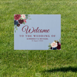 dusty blue burgundy floral welcome wedding sign