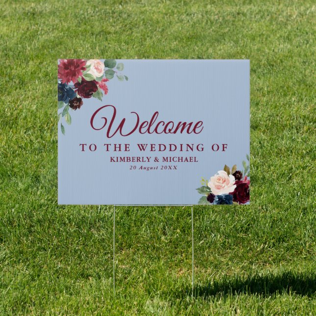 dusty blue burgundy floral welcome wedding sign (Insitu)