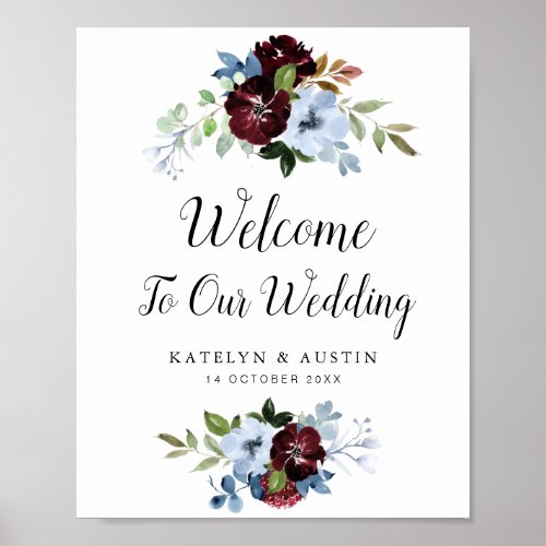 Dusty blue burgundy floral welcome wedding sign