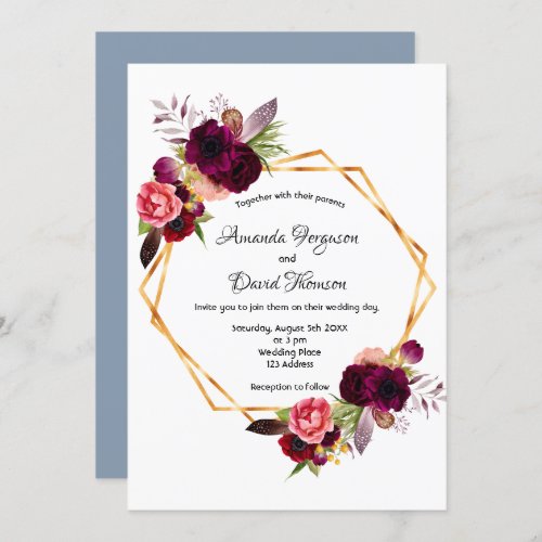 Dusty blue burgundy florals gold geometric wedding invitation