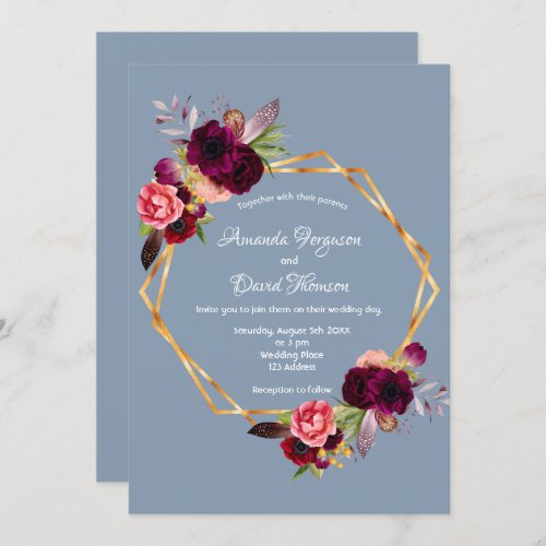 Dusty blue burgundy florals gold geometric wedding invitation