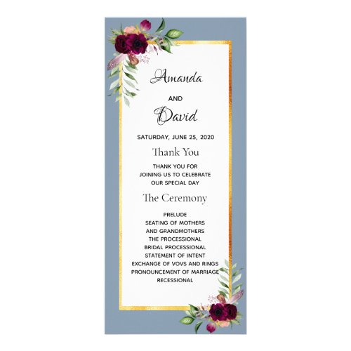 Dusty blue burgundy florals wedding program
