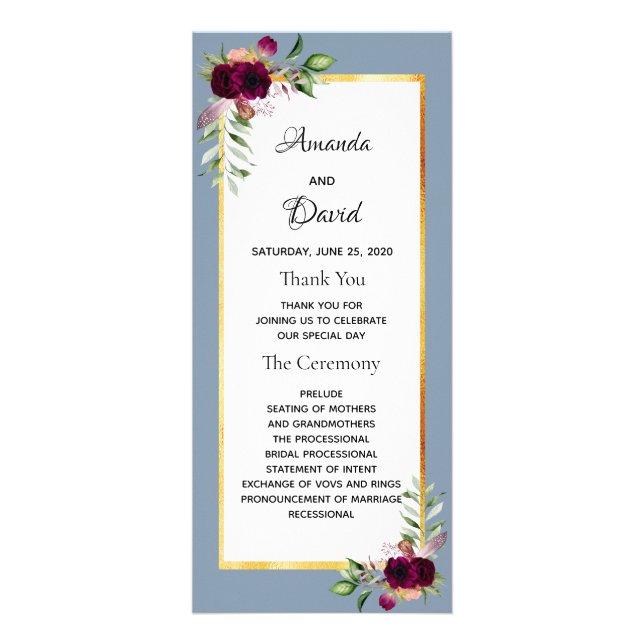 Dusty blue burgundy florals wedding program (Front)