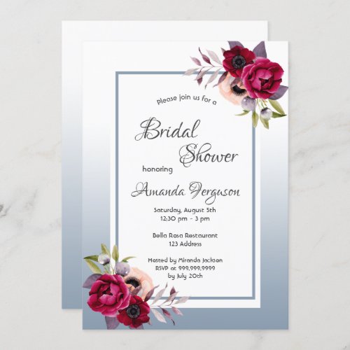 Dusty blue burgundy florals white bridal shower invitation