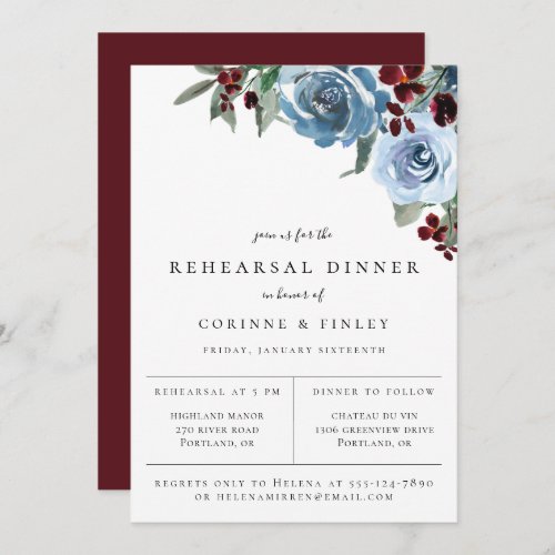 Dusty Blue Burgundy Foral Rehearsal Dinner Announcement