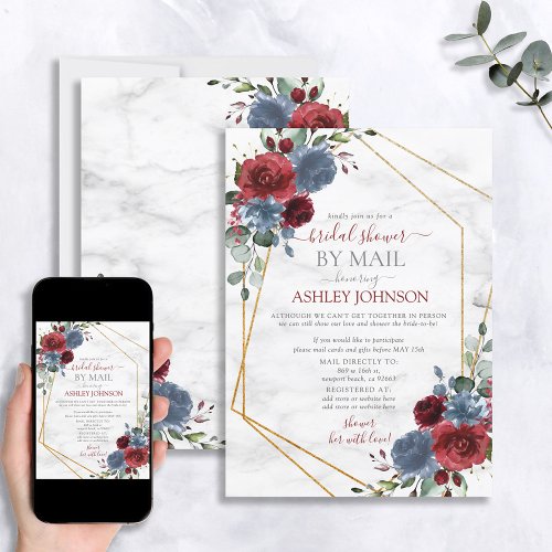 Dusty Blue Burgundy Geometric Shower by Mail Invitation