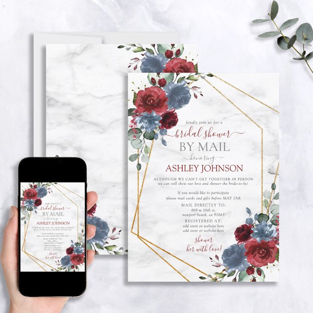 Dusty Blue Burgundy Geometric Shower by Mail Invitation (Creator Uploaded)