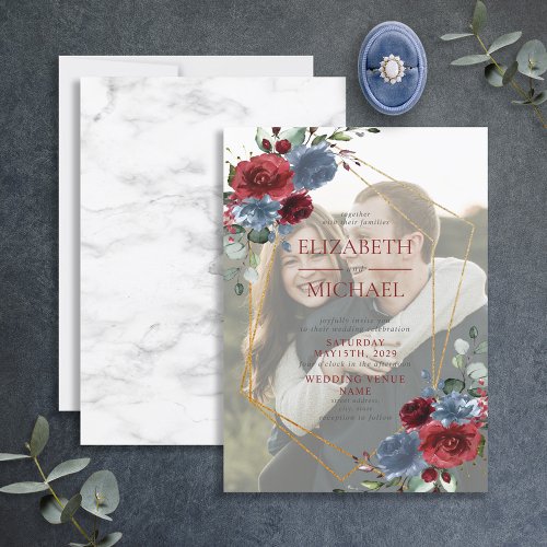 Dusty Blue Burgundy Gold Vellum Overlay Photo Invitation