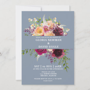 Dusty Blue Burgundy Peach Floral Wedding Invitation