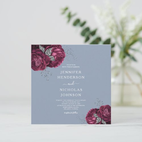 Dusty Blue Burgundy Peonies Elegant Wedding Invitation