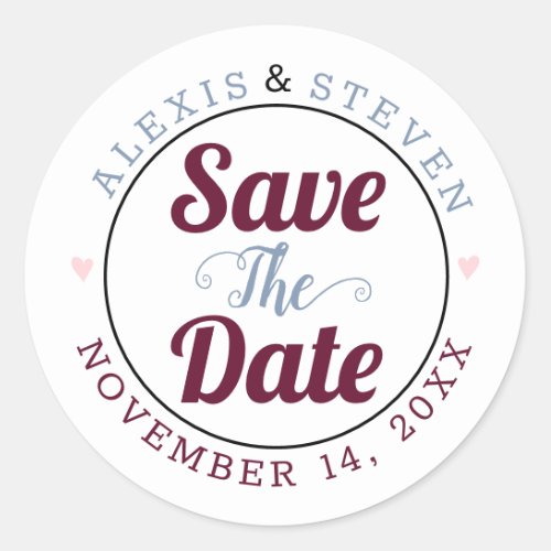 Dusty blue burgundy pink hearts Save the Date  Classic Round Sticker