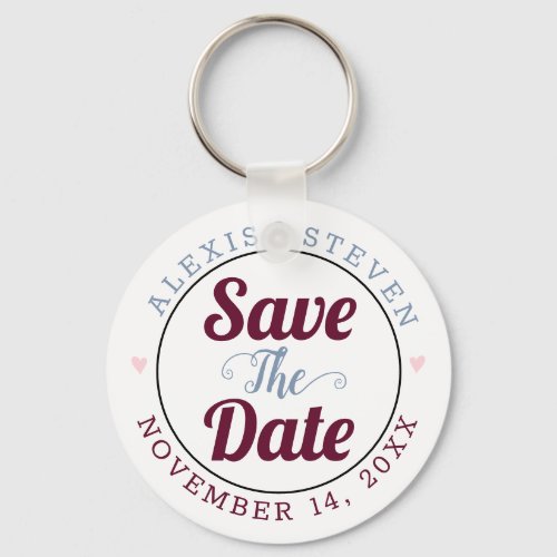 Dusty blue burgundy pink hearts Save the Date Keychain