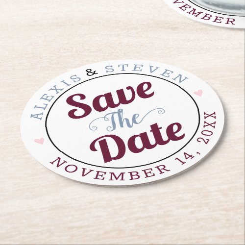 Dusty blue burgundy pink hearts Save the Date Round Paper Coaster