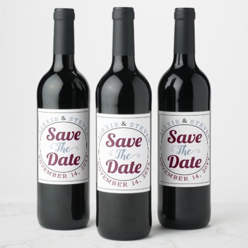 Dusty blue burgundy pink hearts Save the Date Wine Label