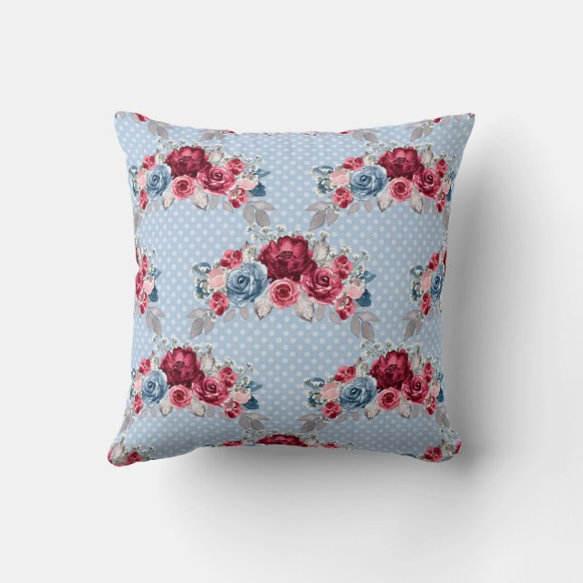 Dusty Blue, Burgundy & Pink Roses Wedding  Throw Pillow (Back)