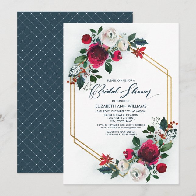 Dusty Blue | Burgundy Red Bloom Bridal Shower Invitation (Front/Back)