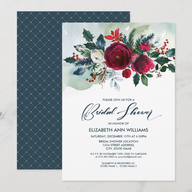 Dusty Blue | Burgundy Red Bloom Bridal Shower Invitation (Front/Back)