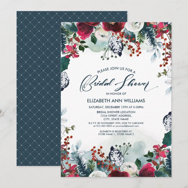 Dusty Blue | Burgundy Red Bloom Bridal Shower Invitation (Front/Back)