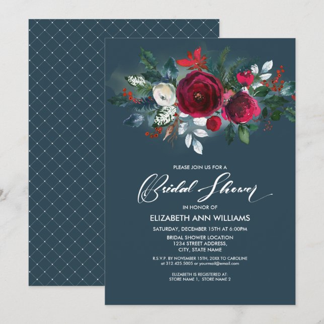 Dusty Blue | Burgundy Red Bloom Bridal Shower Invitation (Front/Back)