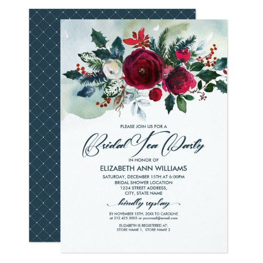 Dusty Blue | Burgundy Red Bloom Bridal Tea Party Invitation | Zazzle.com