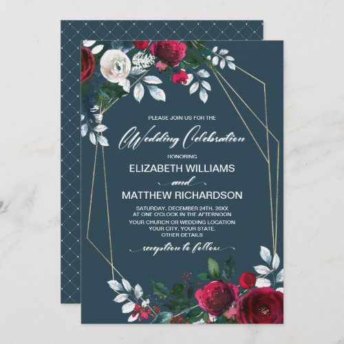 Dusty Blue  Burgundy Red Bloom Geometric Wedding Invitation