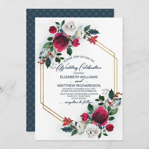 Dusty Blue  Burgundy Red Bloom Geometric Wedding Invitation