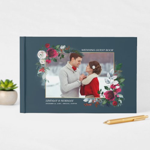 Dusty Blue  Burgundy Red Bloom  Photo Wedding Guest Book