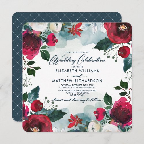 Dusty Blue  Burgundy Red Bloom Wedding Invitation