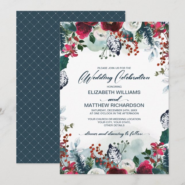 Dusty Blue | Burgundy Red Bloom Wedding Invitation (Front/Back)