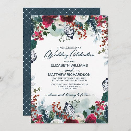 Dusty Blue  Burgundy Red Bloom Wedding Invitation